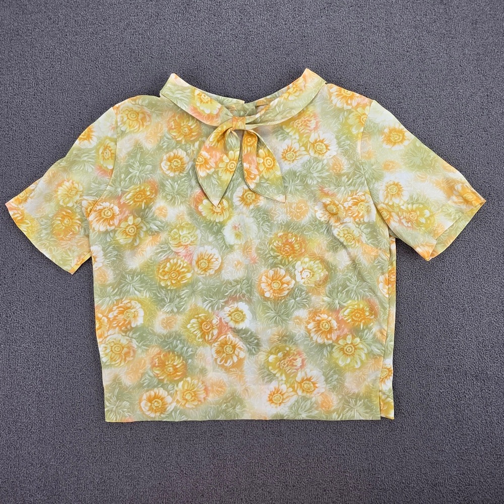 Vintage Jane Holly Floral‎ Blouse Yellow Orange Green Back Button Bow Top Sz 14